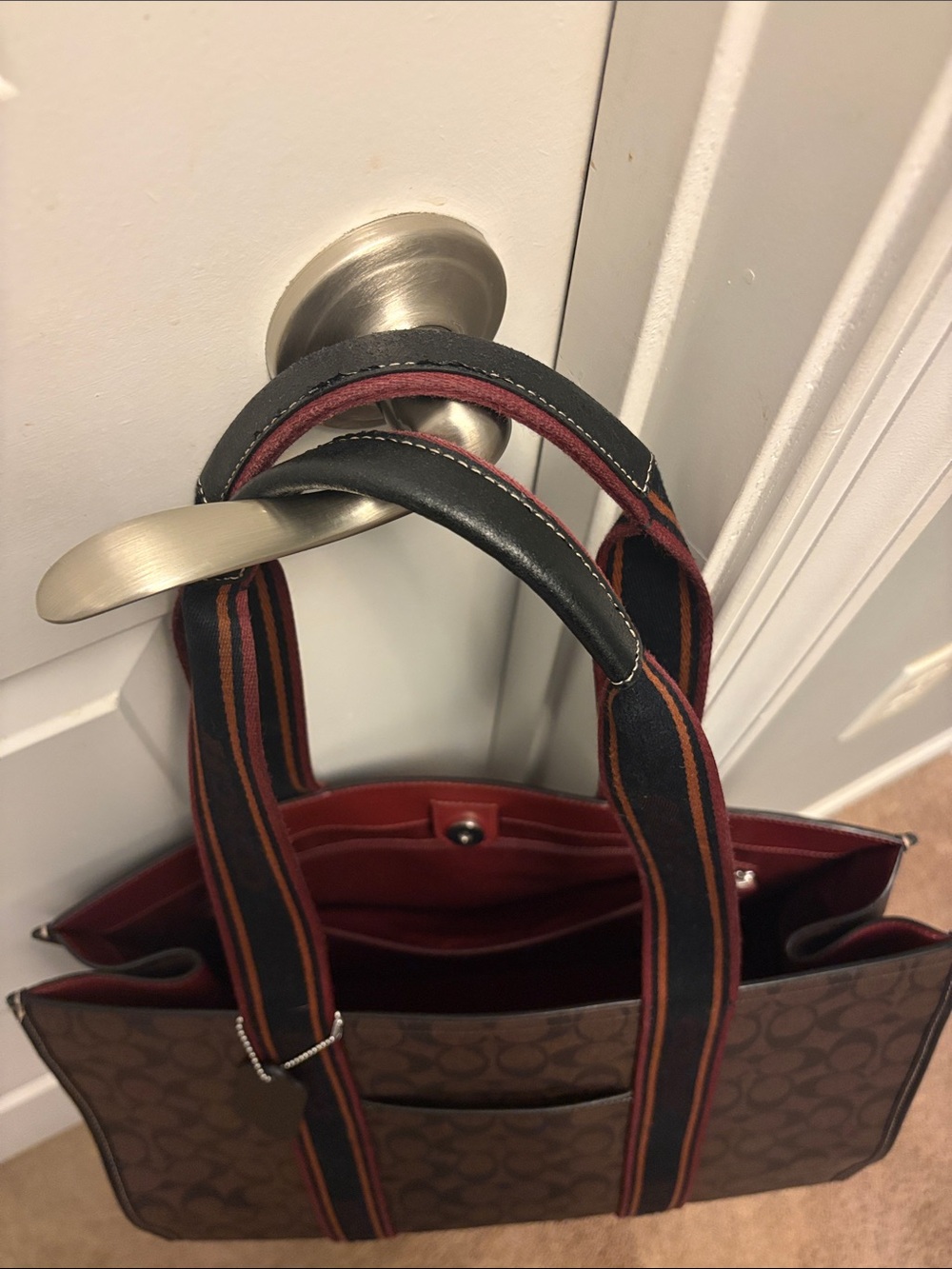 Coach Brown Signature Canvas Tote with Red-Trim Straps - Picture 2 of 8